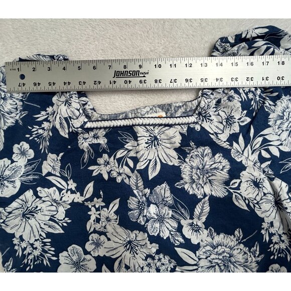 C&C California Womens Blue and White Floral Square Neck Linen Top Blouse Large - Picture 5 of 8